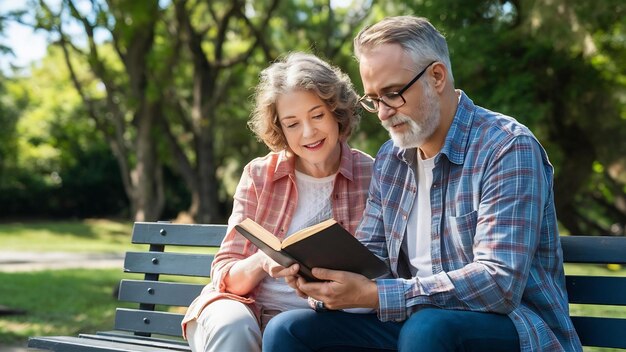 Una pareja de ancianos caucásicos sentados en un banco y leyendo un libro en el parque