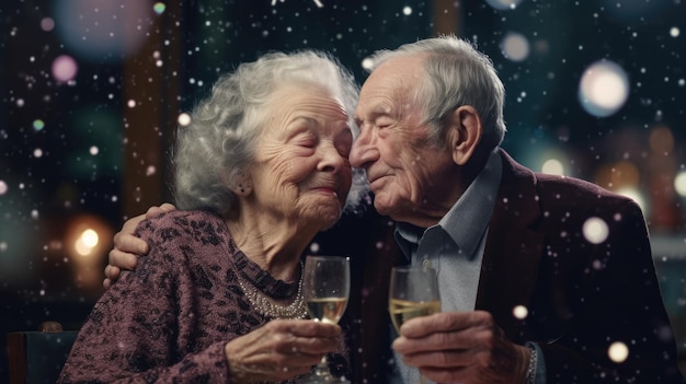 Una pareja de ancianos celebrando el año nuevo solos.