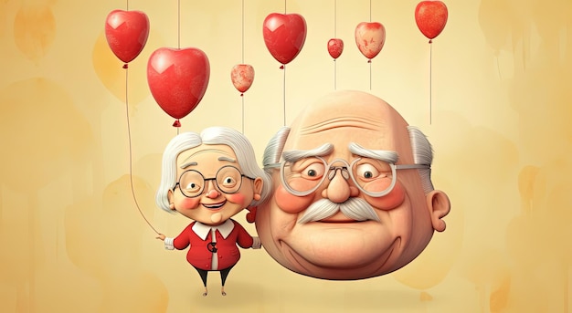 una pareja de ancianos celebrando el feliz día de las abuelas al estilo de lindos diseños caricaturescos