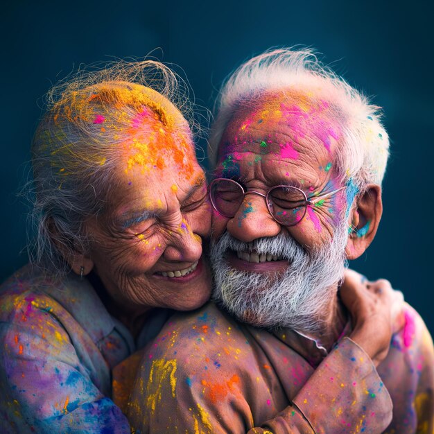 Una pareja de ancianos celebrando Holi con risas y colores vibrantes en una pizarra limpia