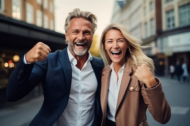 Pareja de ancianos celebrando la victoria, la felicidad y el éxito.