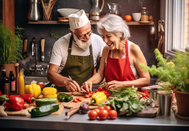 Una pareja de ancianos cocinando en la cocina.