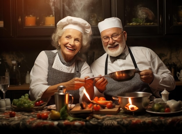 Una pareja de ancianos cocinando en la cocina.