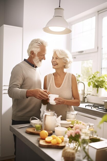 una pareja de ancianos cocinando el desayuno juntos en su amplia cocina