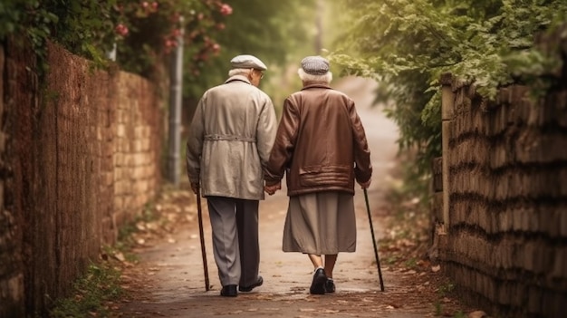 Una pareja de ancianos cogidos de la mano y caminando por un sendero