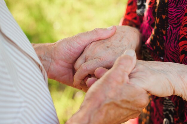 Pareja de ancianos cogidos de la mano en el parque de verano.