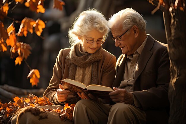 Una pareja de ancianos comparte el afecto bajo un árbol autonal.