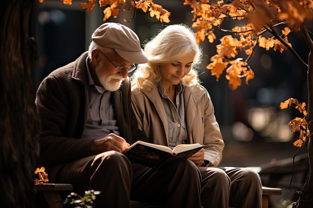 Una pareja de ancianos comparte el afecto bajo un árbol autonal.