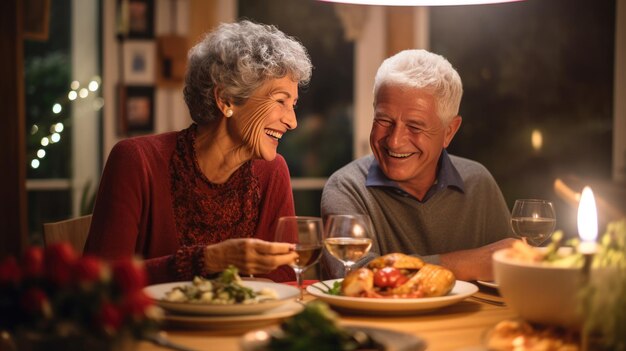 Foto una pareja de ancianos comparte una cena alegre en casa riendo y uniéndose con delicias a la luz de las velas y vino