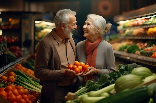 Una pareja de ancianos comprando en un mercado