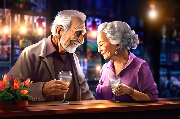 Una pareja de ancianos conversando mientras beben en una pintura de arte de mesa