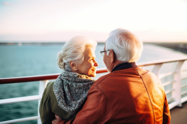 Una pareja de ancianos en la cubierta de un barco o transatlántico contra el telón de fondo del mar personas felices y sonrientes Viaje en un transatán Viaje marítimo Recreación activa Amor y romance de las personas mayores