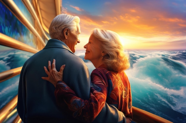 Una pareja de ancianos en la cubierta de un barco o transatlántico con el telón de fondo del mar Gente feliz y sonriente Viajar en un transatlántico Viaje por mar recreación activa Amor y romance de las personas mayores