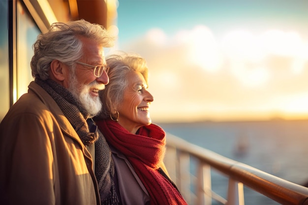Una pareja de ancianos en la cubierta de un barco o transatlántico con el telón de fondo del mar Gente feliz y sonriente Viajar en un transatlántico Viaje por mar recreación activa Amor y romance de las personas mayores