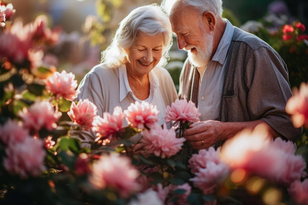 Una pareja de ancianos cuida con amor su vibrante jardín cultivando la belleza en su tranquilo oasis