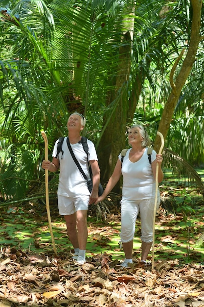 pareja de ancianos descansa en playa tropical