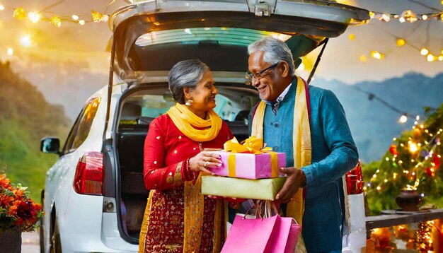 Una pareja de ancianos descargando regalos de Diwali del maletero del coche después de las compras