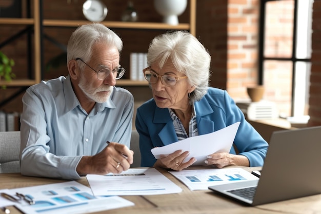 Foto una pareja de ancianos discutiendo planes financieros mientras están sentados a una mesa.