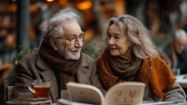 Una pareja de ancianos disfruta de un acogedor momento en un café compartiendo historias, cálidas sonrisas, amor duradero por la IA