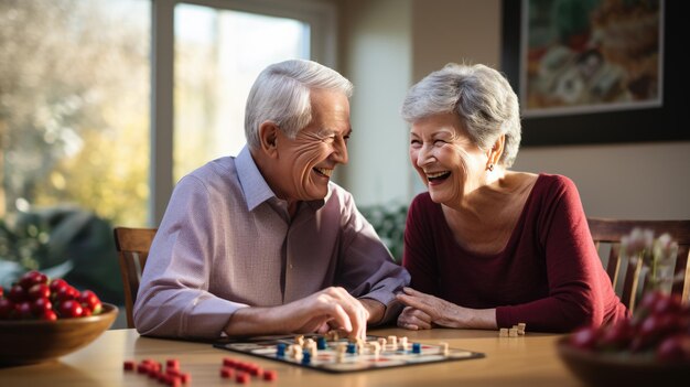 Foto pareja de ancianos disfrutando de un alegre juego de ajedrez juntos sonriendo y participando entre sí en una habitación bien iluminada con vegetación visible fuera de la ventana