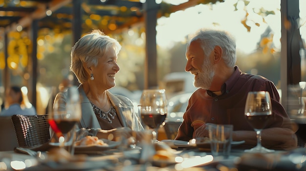 Una pareja de ancianos disfrutando de una cena romántica al aire libre capturó un momento de felicidad y conexión Retrato de estilo de vida años dorados alegría IA