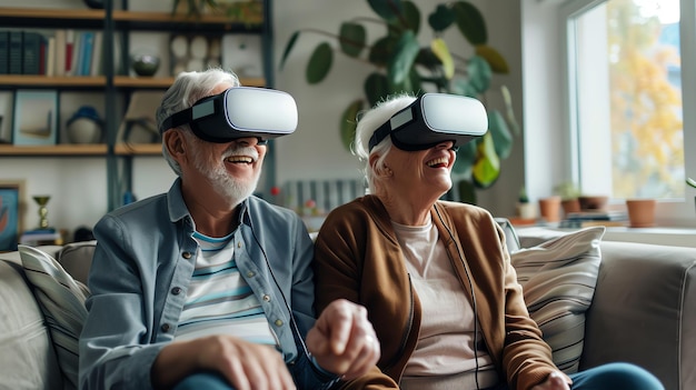 Una pareja de ancianos disfrutando de una experiencia de realidad virtual riendo juntos con auriculares de realidad virtual en una cárcel