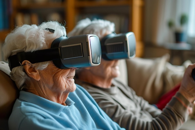 Una pareja de ancianos disfrutando de juegos de realidad virtual en HomexA