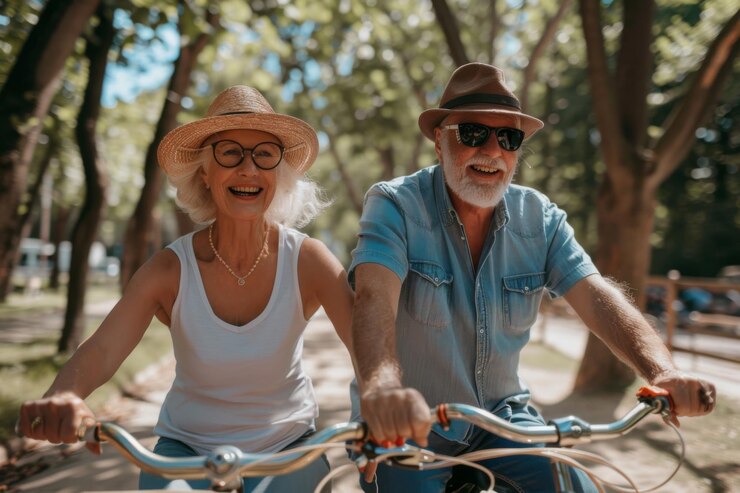 Una pareja de ancianos disfrutando de un paseo en bicicleta en un parque de otoño