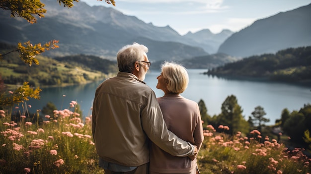 Una pareja de ancianos disfrutando de unas vacaciones en el paisaje montañoso El marido y la mujer se divierten en una excursión