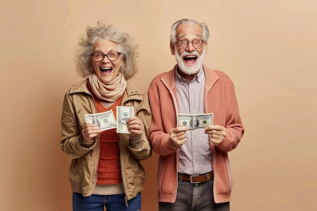 Una pareja de ancianos emocionada con el premio en efectivo de un regalo
