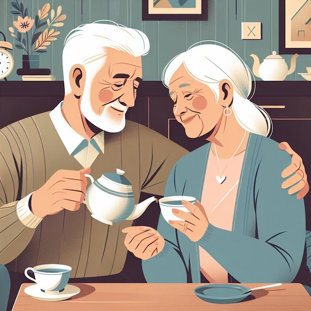 Una pareja de ancianos enamorados bebiendo té al estilo plano