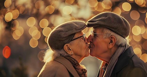 Foto pareja de ancianos enamorados besándose en una hermosa puesta de sol concepto de día de san valentín jubilación segundo