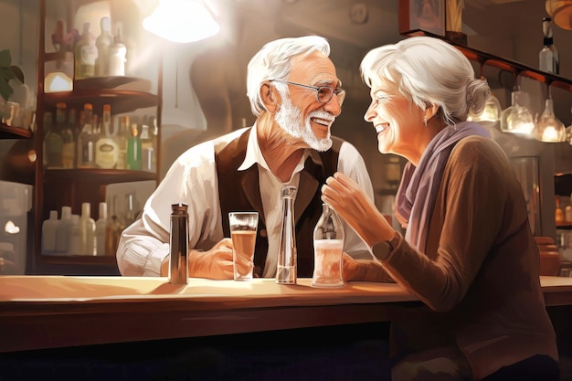 Pareja de ancianos enamorados relajándose, hablando y bebiendo copas juntos en un bar o pub Concepto de una pareja de ancianos jubilados