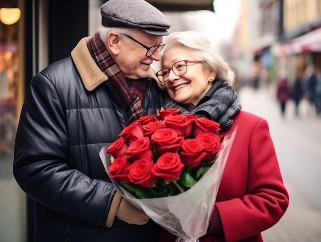 Una pareja de ancianos está disfrutando de un romántico día de invierno.