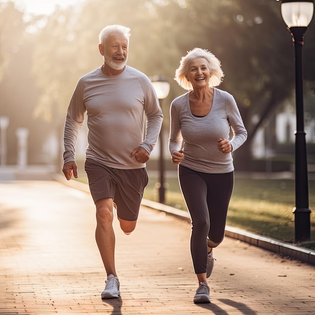 Pareja de ancianos está haciendo deporte al aire libre Personas de edad avanzada felices enamoradas corriendo en el parque juntas Amanecer Hora de Oro Estilo de vida saludable Concepto Ilustración de IA generativa