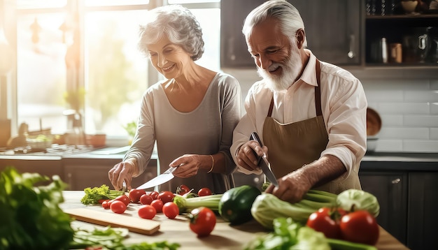 Una pareja de ancianos está preparando verduras en la cocina.