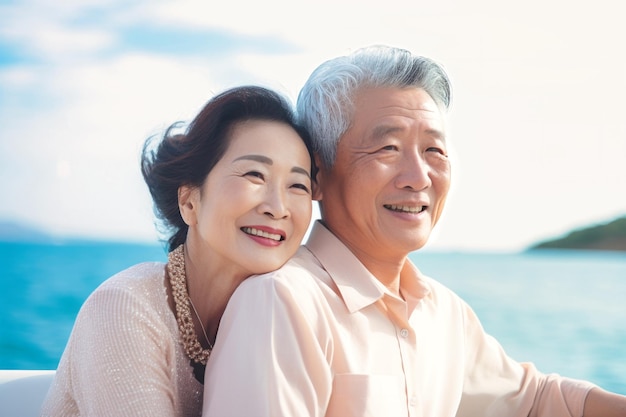 Una pareja de ancianos está sentada en un barco o yate en el océano miran las olas y se abrazan vacaciones de viaje por mar amor y romance de las personas mayores