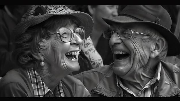 Foto una pareja de ancianos se están riendo juntos la mujer lleva un sombrero y el hombre lleva un sombrero ambos llevan gafas