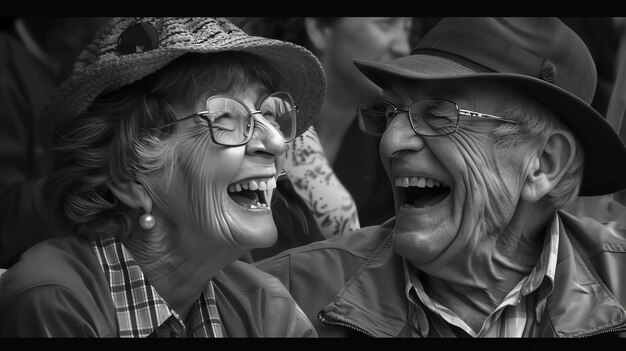 Una pareja de ancianos se están riendo juntos la mujer lleva un sombrero y el hombre lleva un Sombrero ambos llevan gafas