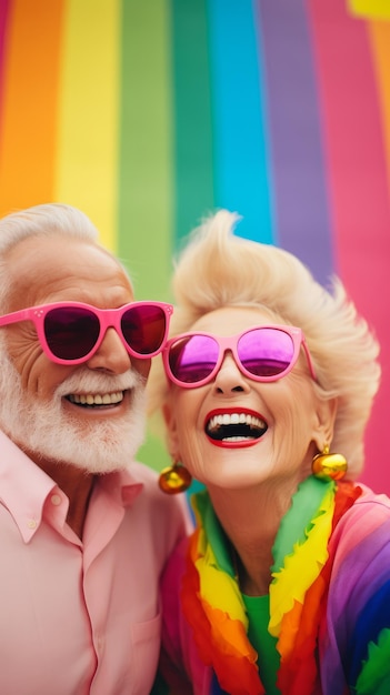 Pareja de ancianos felices con AI generativa de fondo arco iris