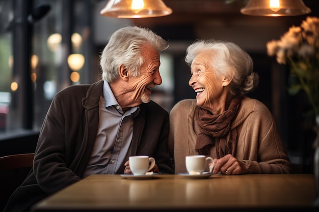 Una pareja de ancianos felices en una cita en un café Concepto de amor