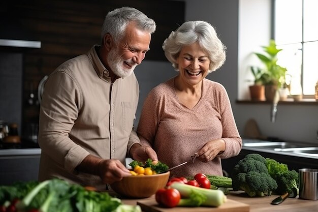 Foto una pareja de ancianos felices cocinando juntos en la cocina