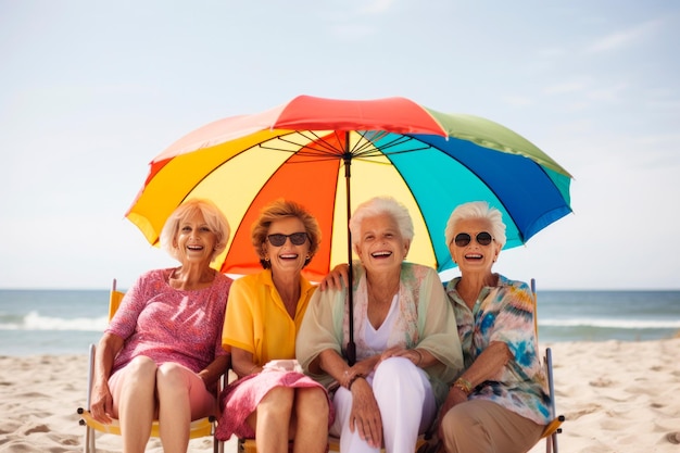 Una pareja de ancianos felices bajo un paraguas colorido sentados en la playa generativa ai