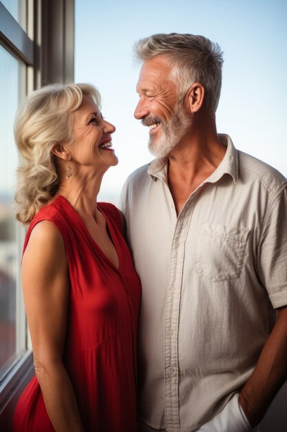 Una pareja de ancianos felices riendo juntos junto a la ventana.