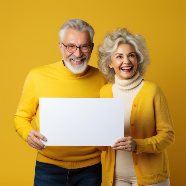 Una pareja de ancianos felices sobre un fondo amarillo