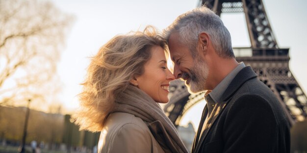 Una pareja de ancianos felices en vacaciones de viaje en París con la Torre Eiffel en el fondo IA generativa