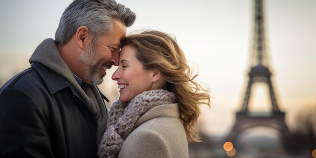 Una pareja de ancianos felices en vacaciones de viaje en París con la Torre Eiffel en el fondo IA generativa