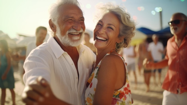 Una pareja de ancianos feliz bailando en la playa al atardecer Cuidado de la salud Estilo de vida familiar al aire libre Una noche romántica de vacaciones Fecha de aniversario de una pareja de edad enamorada Imagen generada por IA