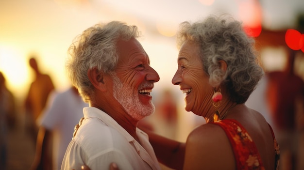 Una pareja de ancianos feliz bailando en la playa al atardecer Cuidado de la salud Estilo de vida familiar al aire libre Una noche romántica de vacaciones Fecha de aniversario de una pareja de edad enamorada Imagen generada por IA
