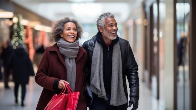 Una pareja de ancianos feliz comprando durante la temporada navideña en el centro comercial AI Contenido generado